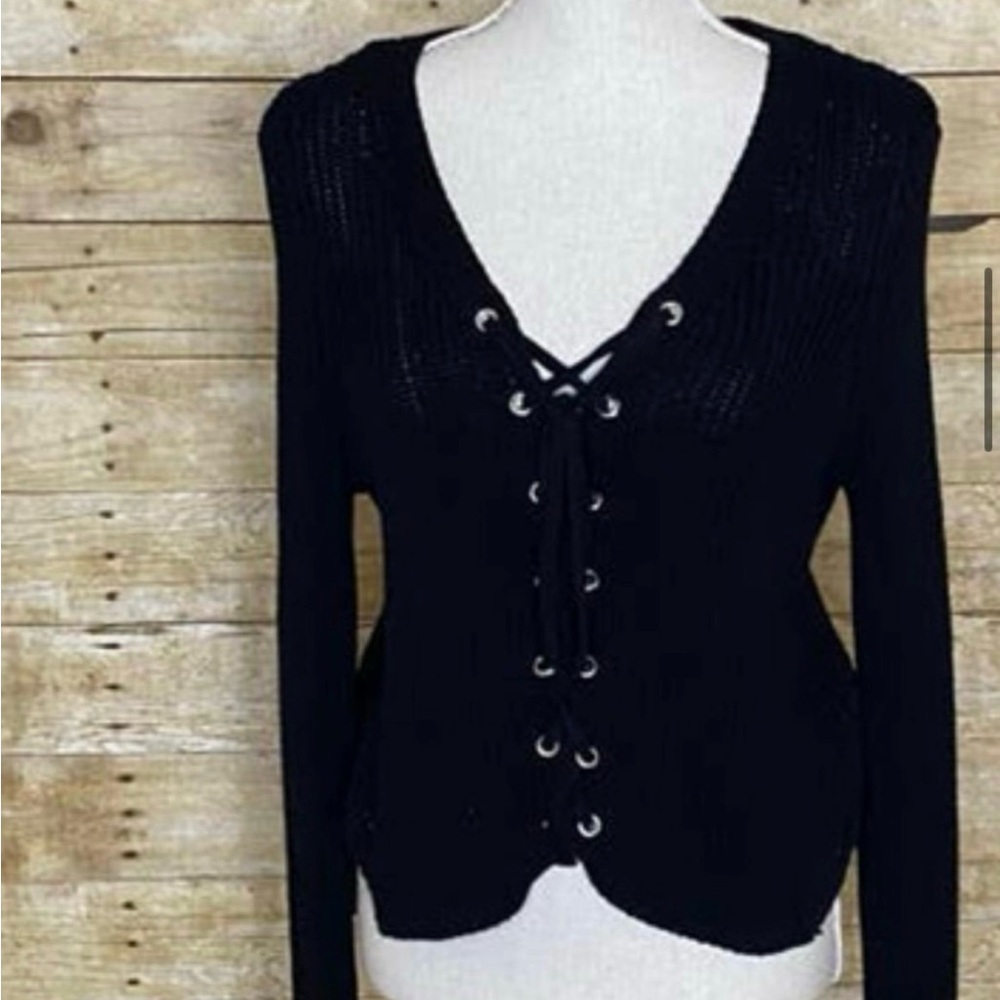 Kendall and Kylie Black Lace Up Sweater Cropped Medium